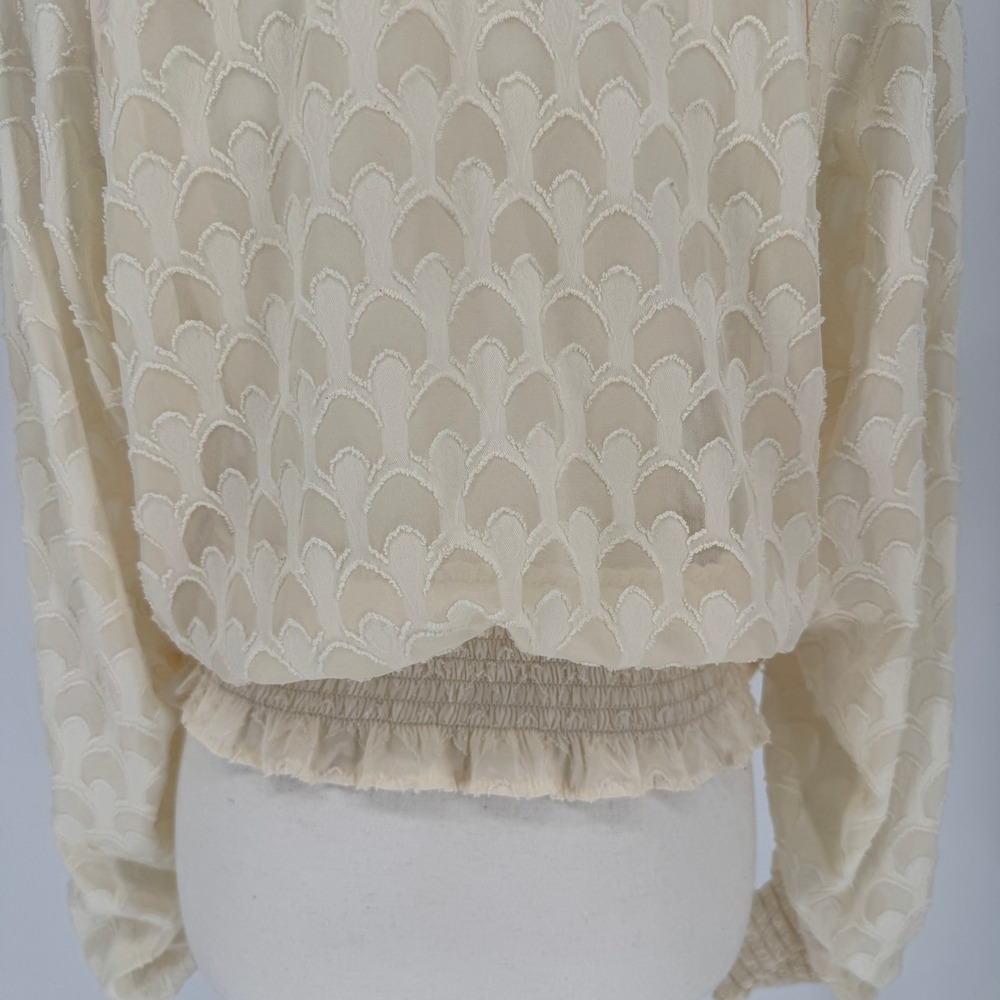 HM Smocked Mock Neck Blouse 10 Cream Sheer Victorian Coquette Cottagecore Boho - Picture 6 of 12